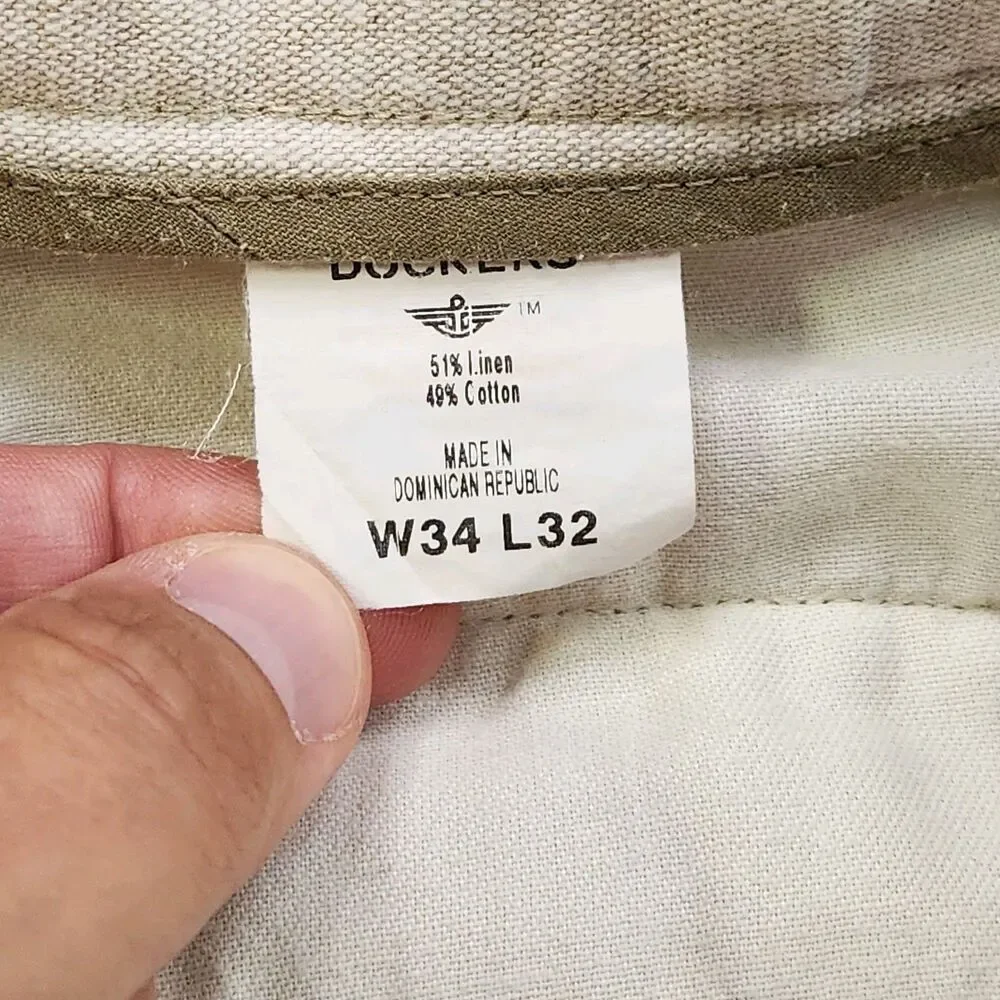 Dockers Linen Blend Pants Men's 34x32 Beige Pleated Cuffed Wrinkle Free Classic